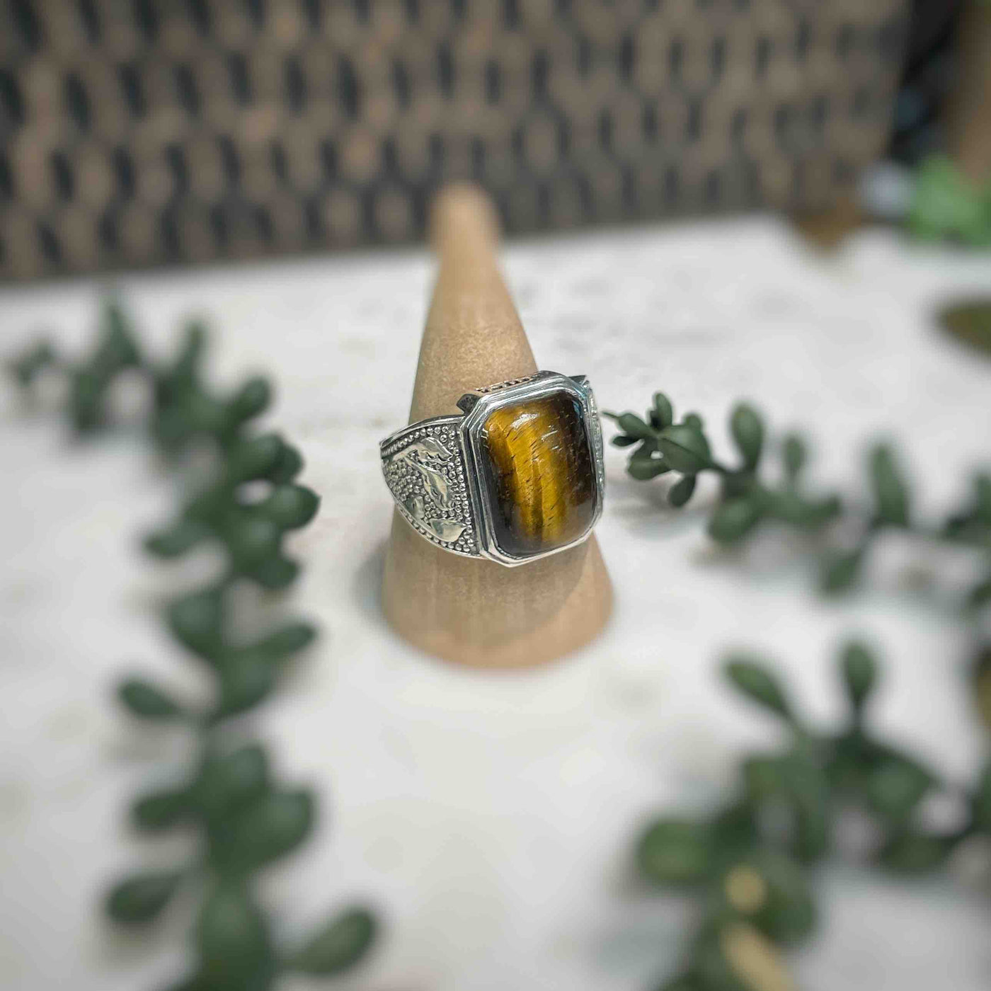 Mens Patterned Tiger Eye Sterling Silver Ring