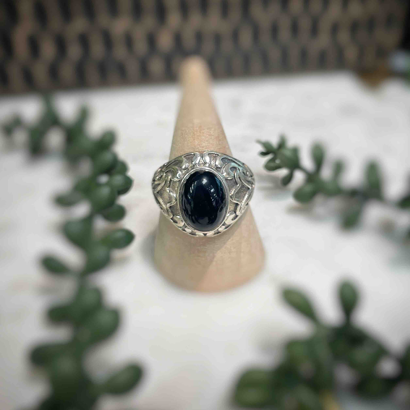 Mens Patterned Black Onyx Sterling Silver Ring Set 1