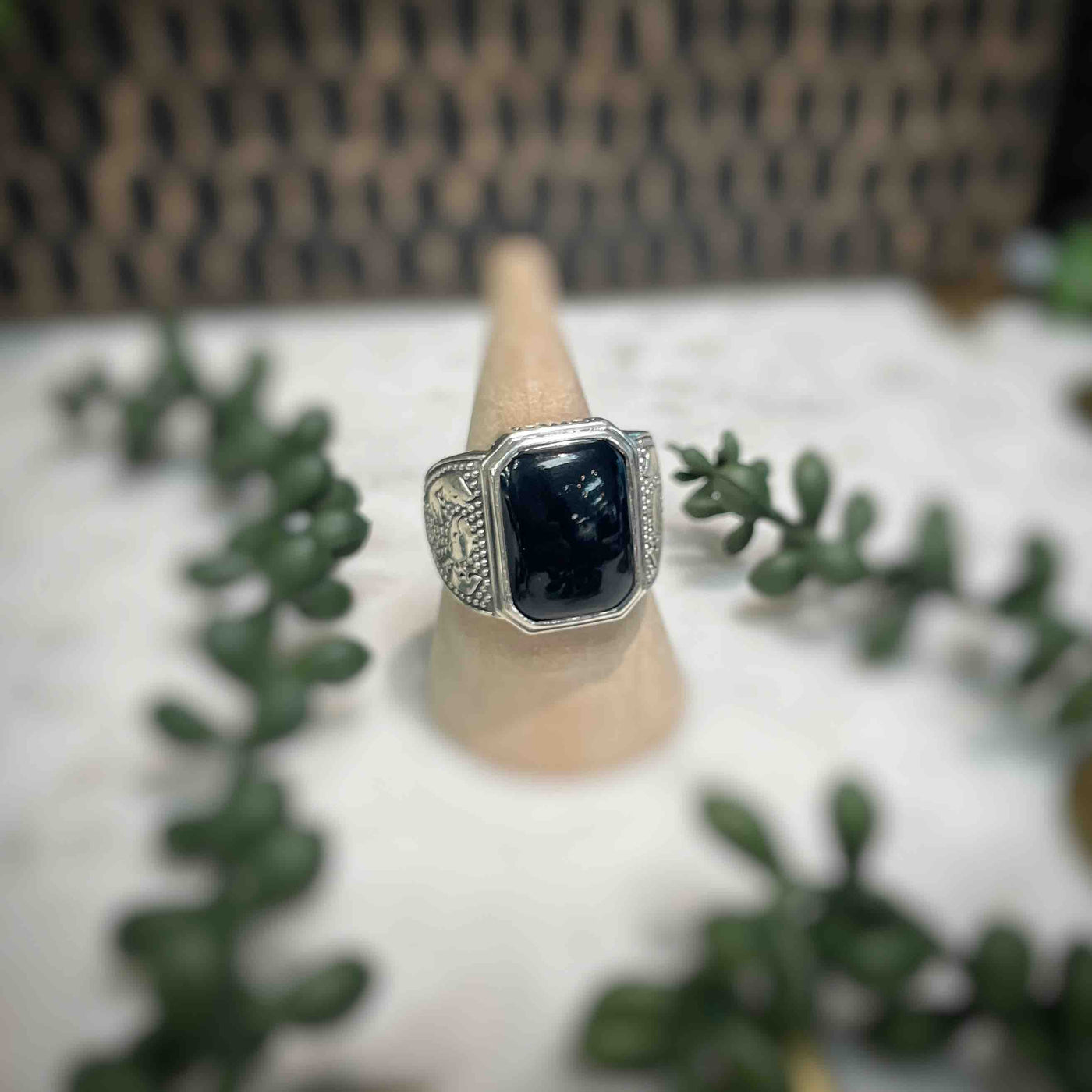 Mens Patterned Black Onyx Sterling Silver Ring Set 3