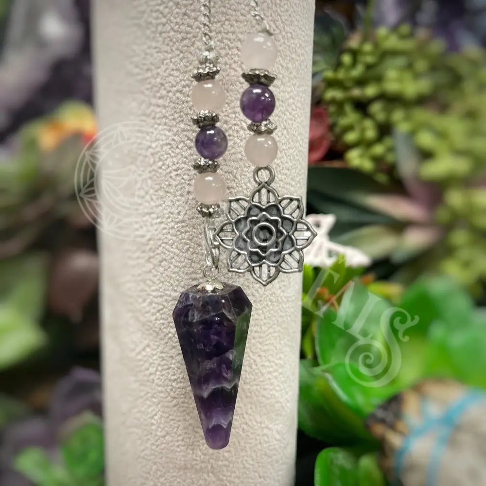 Pendulum - Chevron Amethyst Heaxagonal W/ Lotus Charm