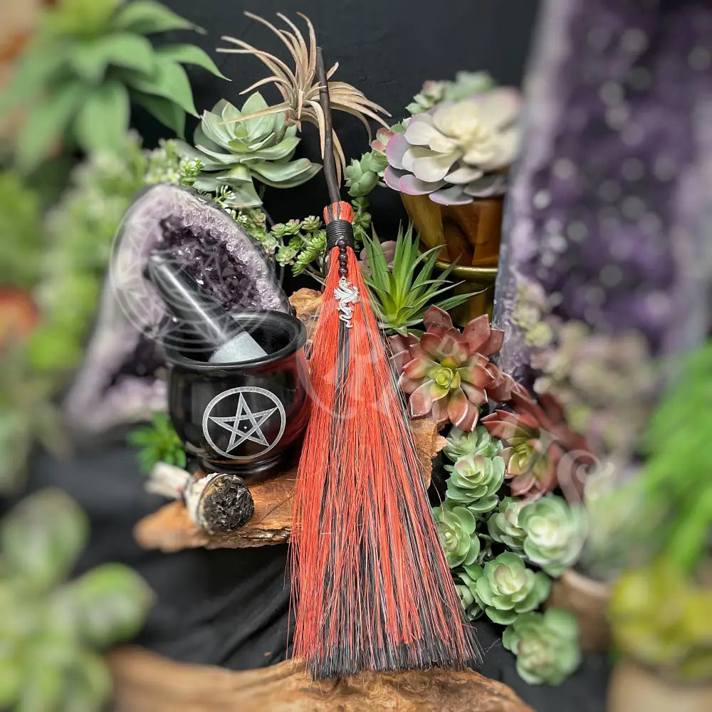 Wicca Besom - Red/ Black Dragon W/ Garnet