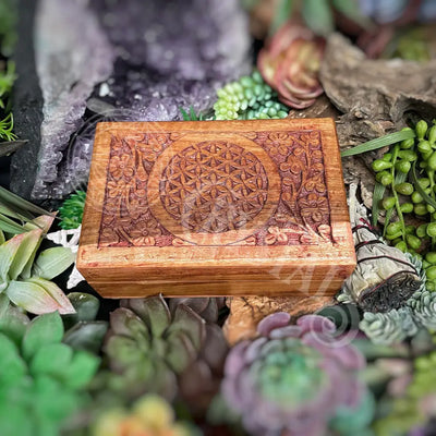 Carved Wood Box - Velvet Lined Flower Of Life