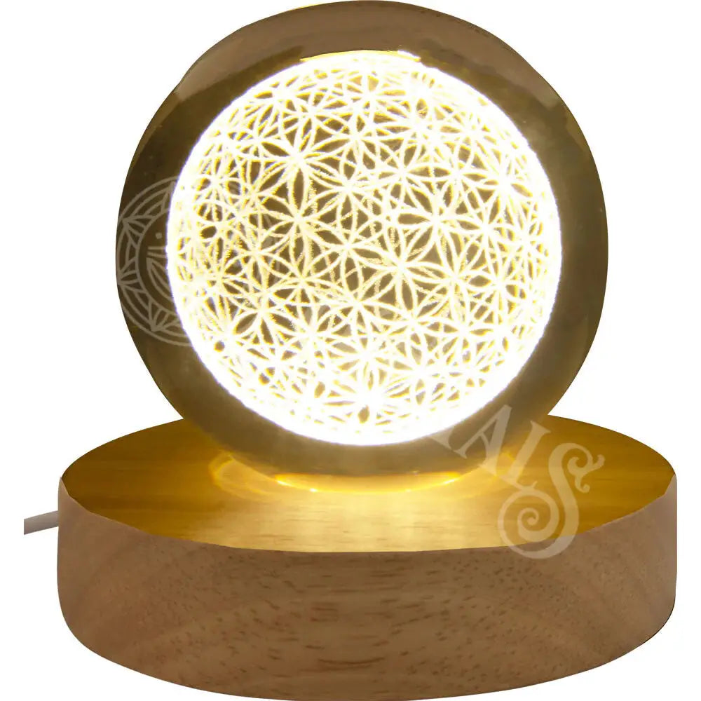 Glass Crystal Ball - Lighted Wood Base 3D Laser Engraved Flower Of Life Accessories