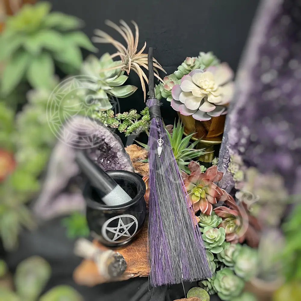 Wicca Besom - Purple/ Black Goddess W/ Amethyst