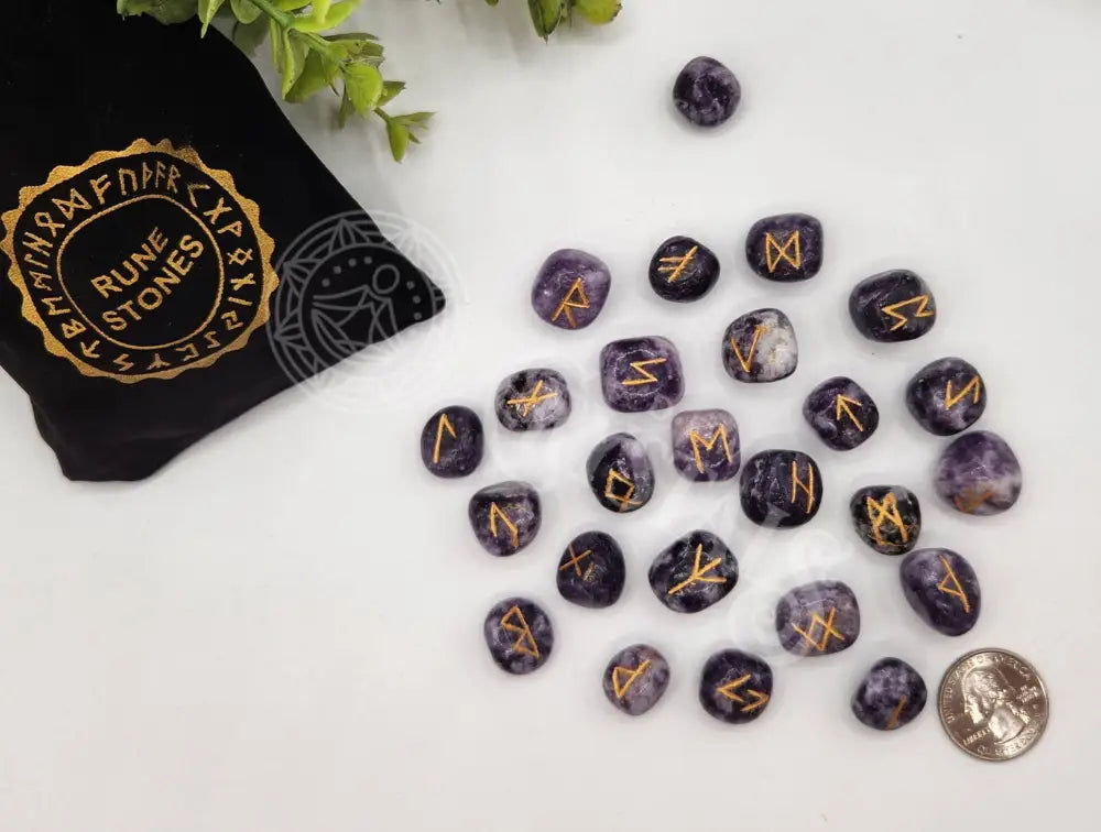 Lepidolite Semi-Precious Rune Set With Velvet Pouch Decks - Runes