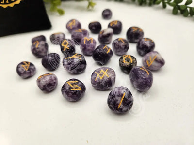 Lepidolite Semi-Precious Rune Set With Velvet Pouch Decks - Runes