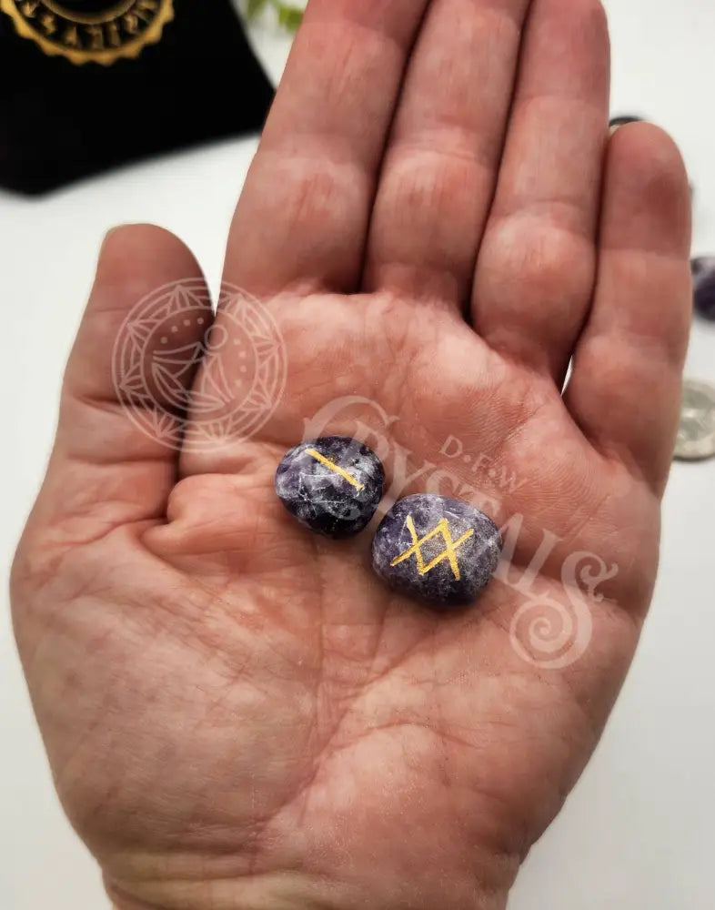 Lepidolite Semi-Precious Rune Set With Velvet Pouch Decks - Runes