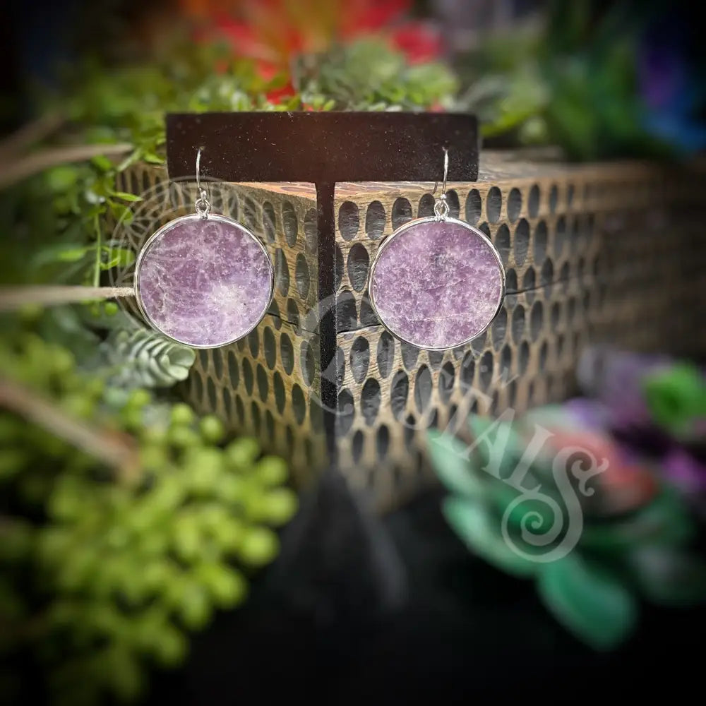 Lepidolite - Sterling Silver Flat Round Drop Earrings Jewelry