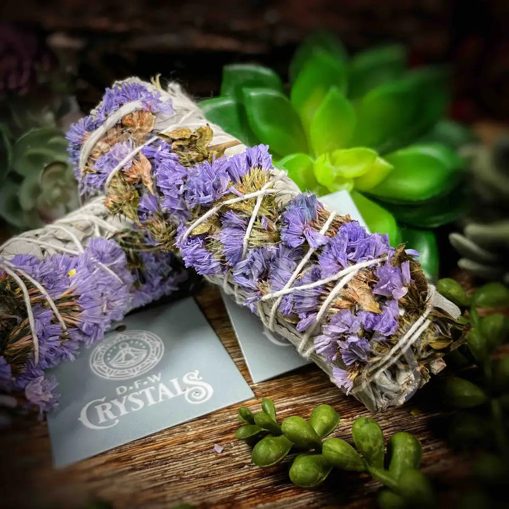 Lilac Statice Floral Sage Wand 4’ Meditation - Self Care Smudge Stick