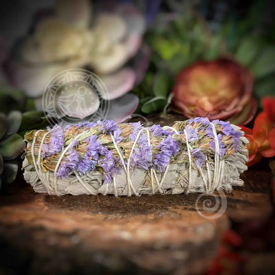 Lilac Statice Floral Sage Wand 4’ Meditation - Self Care Smudge Stick