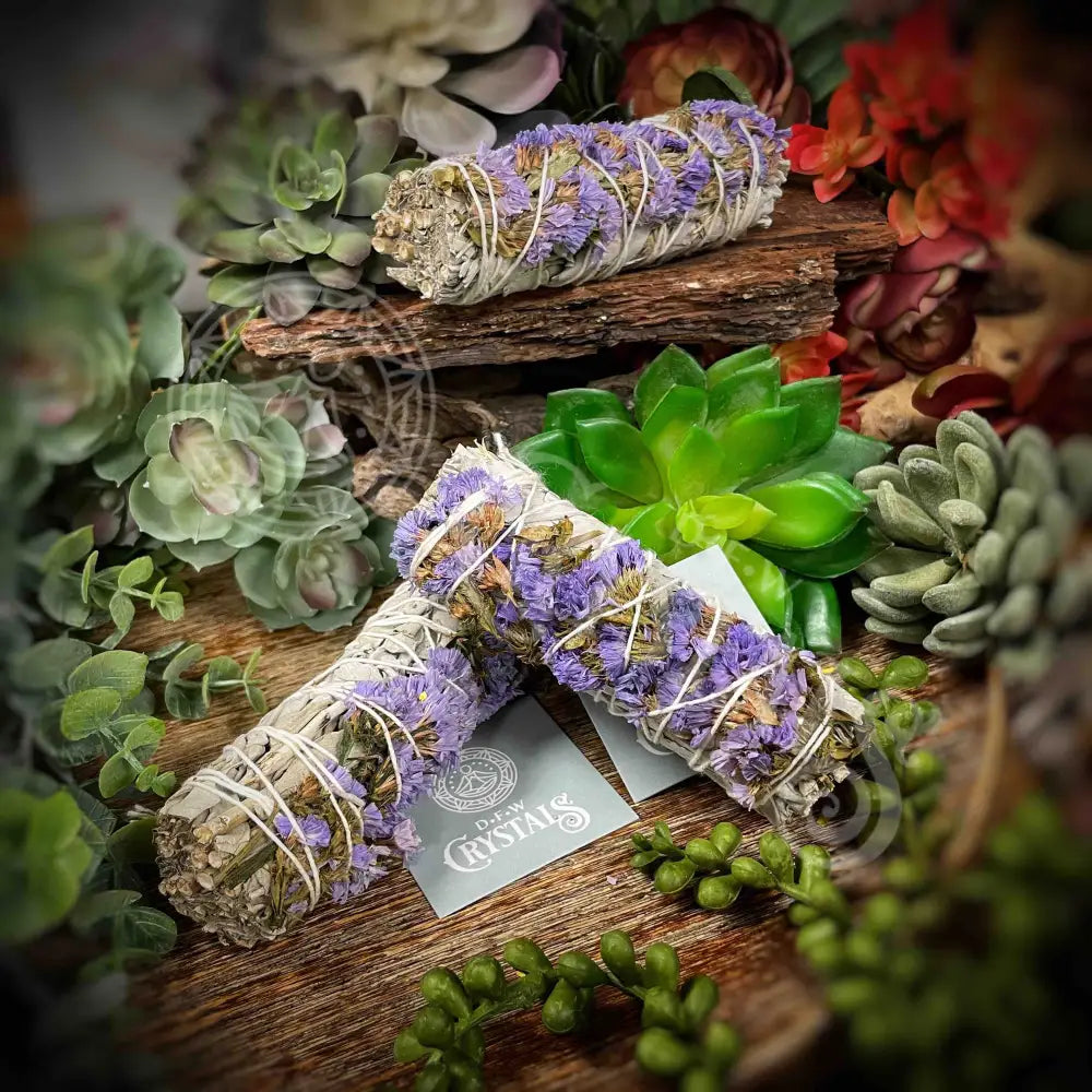 Lilac Statice Floral Sage Wand 4’ Meditation - Self Care Smudge Stick