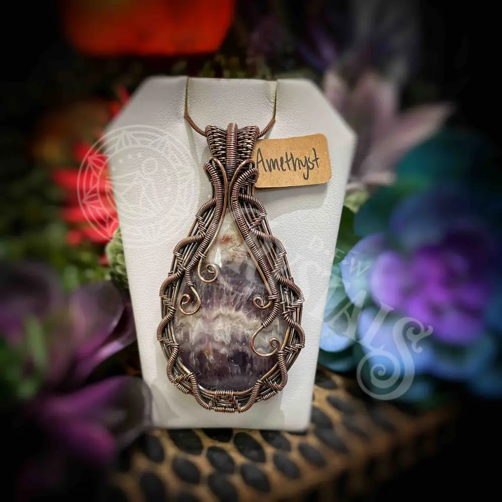 Local Artisan - Copper Wire Wrapped Pendant Amethyst Lg Jewelry Necklace With