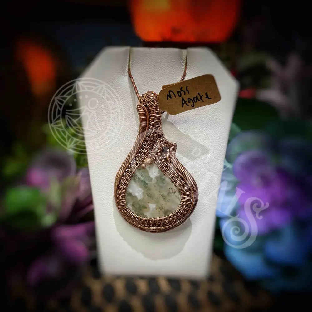 Local Artisan - Copper Wire Wrapped Pendant Moss Agate Jewelry Necklace With