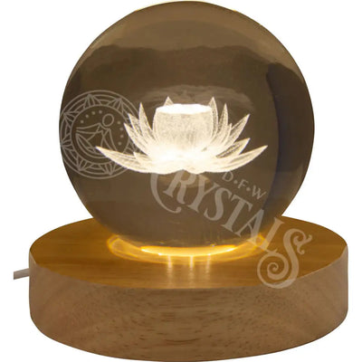 Glass Crystal Ball - Lighted Wood Base 3D Laser Engraved Lotus Accessories