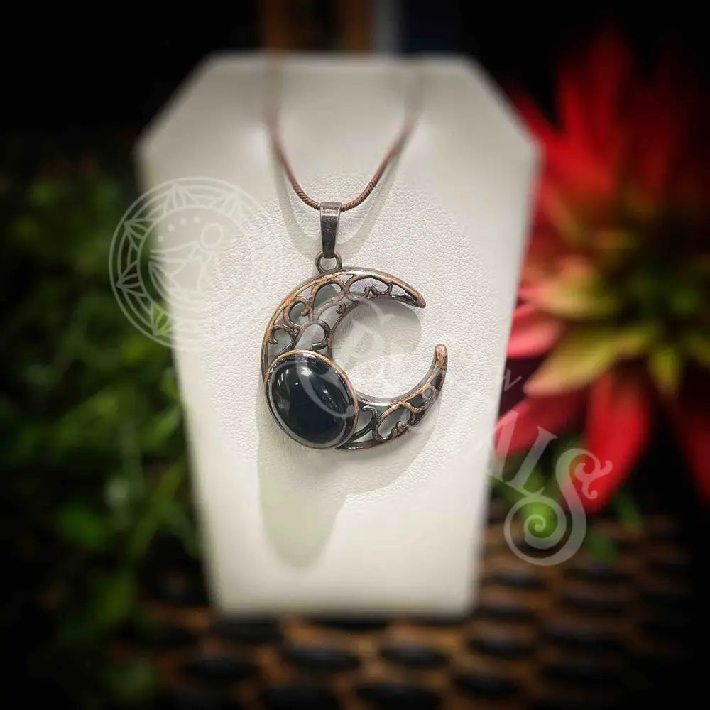 Moon - Red Copper Necklace With Crystal Multi Choice Black Obsidian Jewelry Pendant