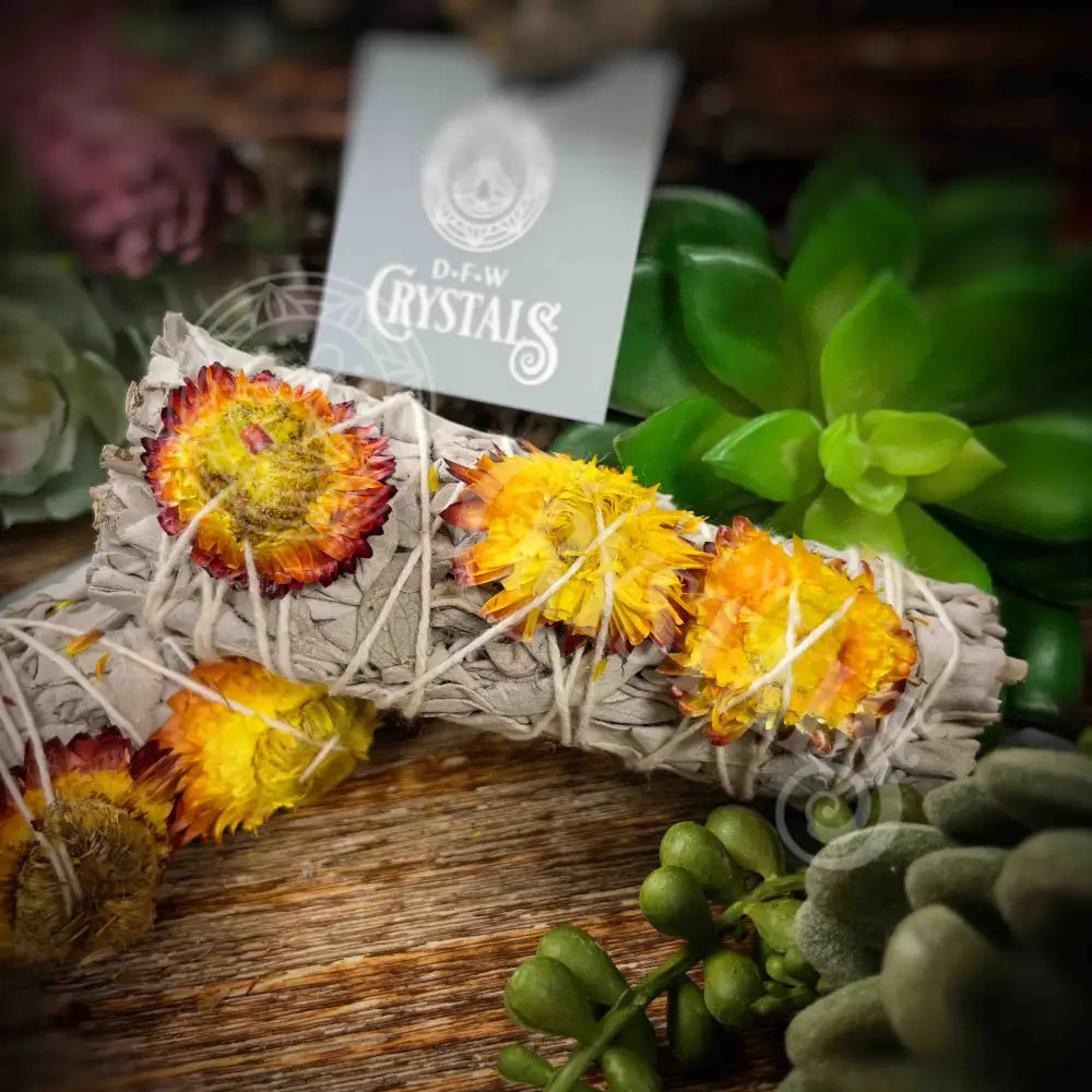 Orange Strawflower Sage Wand 4’ Meditation - Self Care Smudge Stick