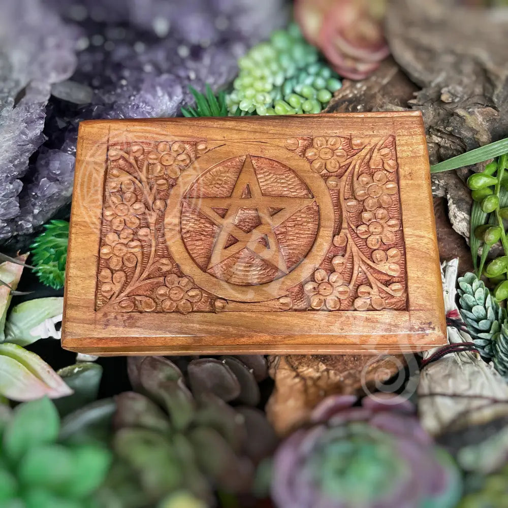 Carved Wood Box - Velvet Lined Pentacle