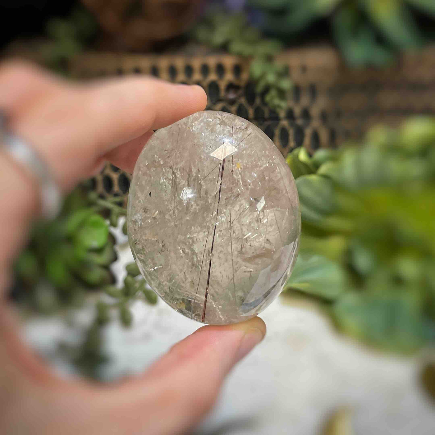 Rutilated Quartz - Palm Stone - QQ530 - 1.75"x2.25"