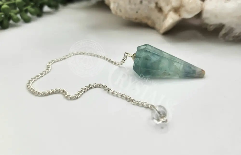 Rainbow Fluorite Gemstone Pendulum With Silver Color Chain Meditation - Self Care