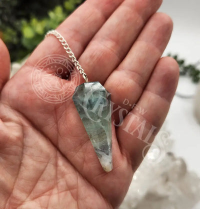 Rainbow Fluorite Gemstone Pendulum With Silver Color Chain Meditation - Self Care