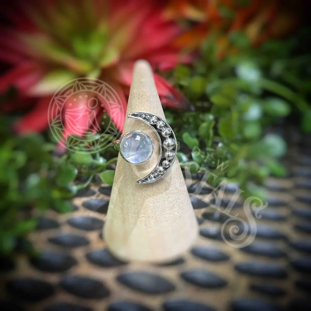 Rainbow Moonstone And Crescent Moon Ring - Multi Sizes Jewelry