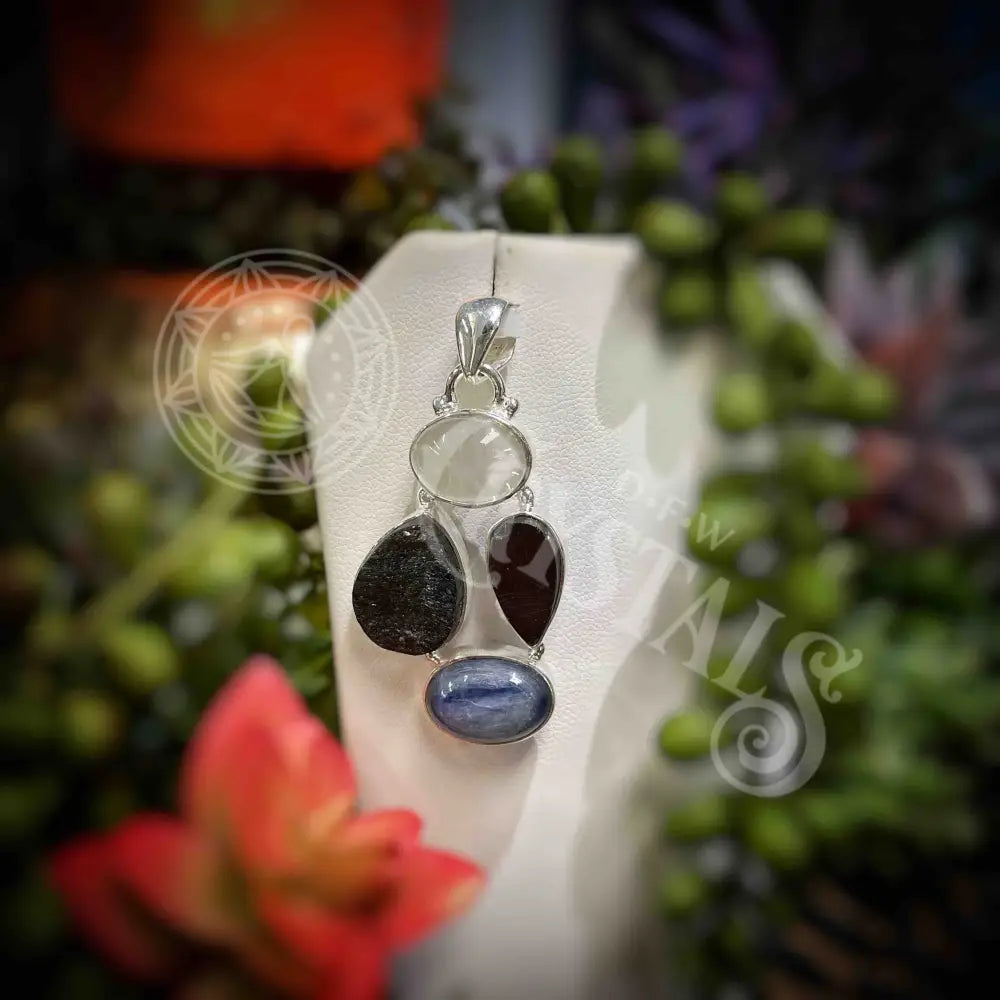 Shungite Clear Quartz Black Tourmaline And Blue Kyanite - 4 Stone Pendant Jewelry Necklace With