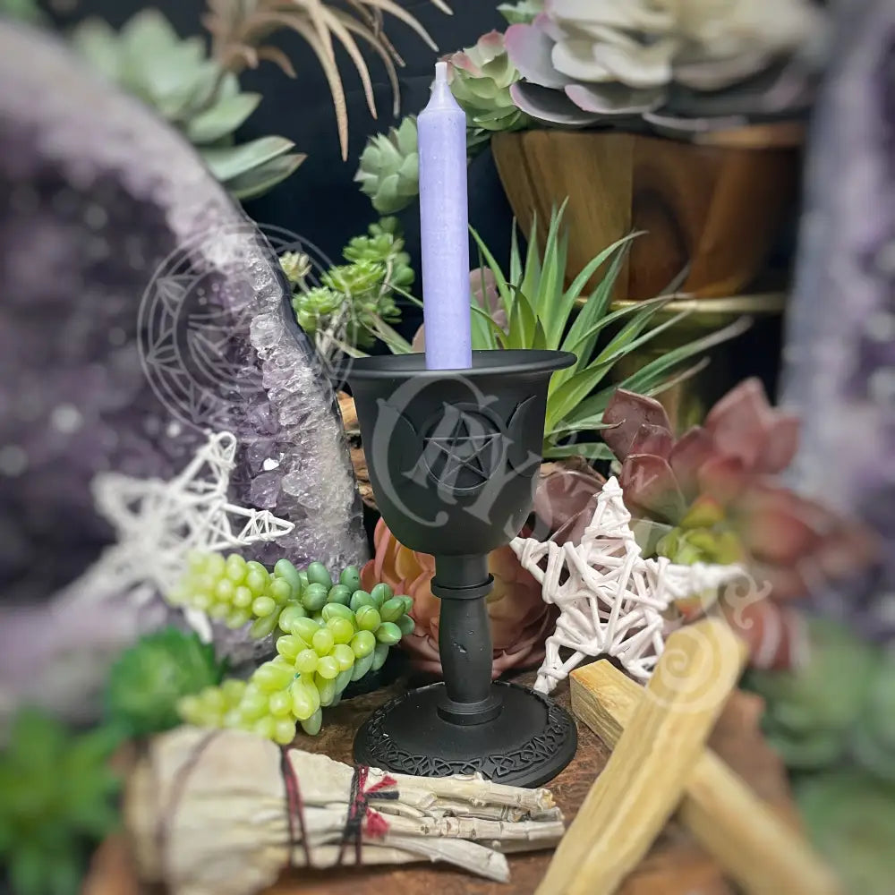 Candle Holder - Chalice (Metal) For Mini Taper Triple Moon W/ Pentacle