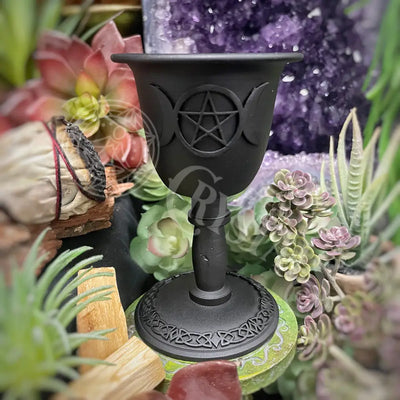 Candle Holder - Chalice (Metal) For Mini Taper Triple Moon W/ Pentacle