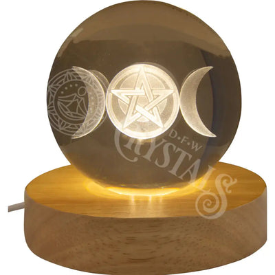 Glass Crystal Ball - Lighted Wood Base 3D Laser Engraved Tiple Moon W/ Pentacle Accessories