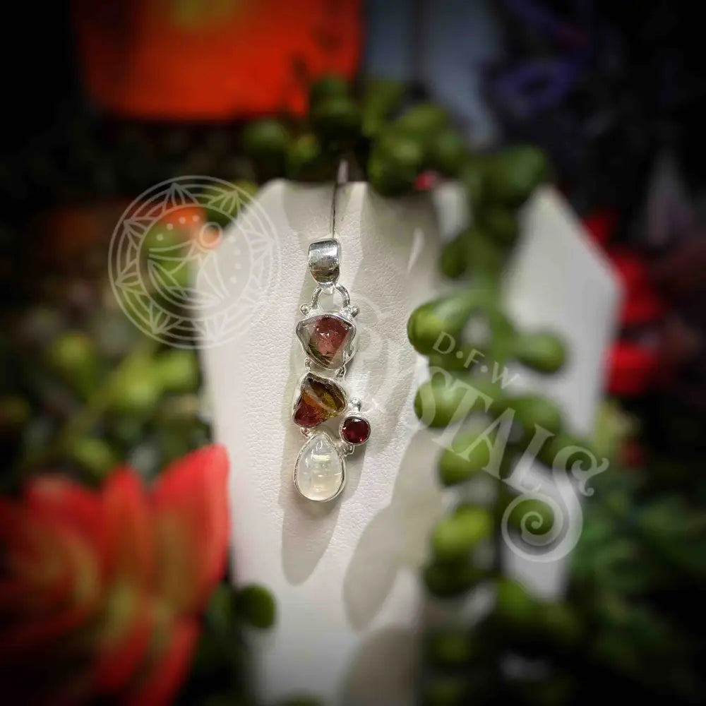 Watermelon Tourmaline Moonstone And Garnet - 4 Stone Pendant Jewelry Necklace With