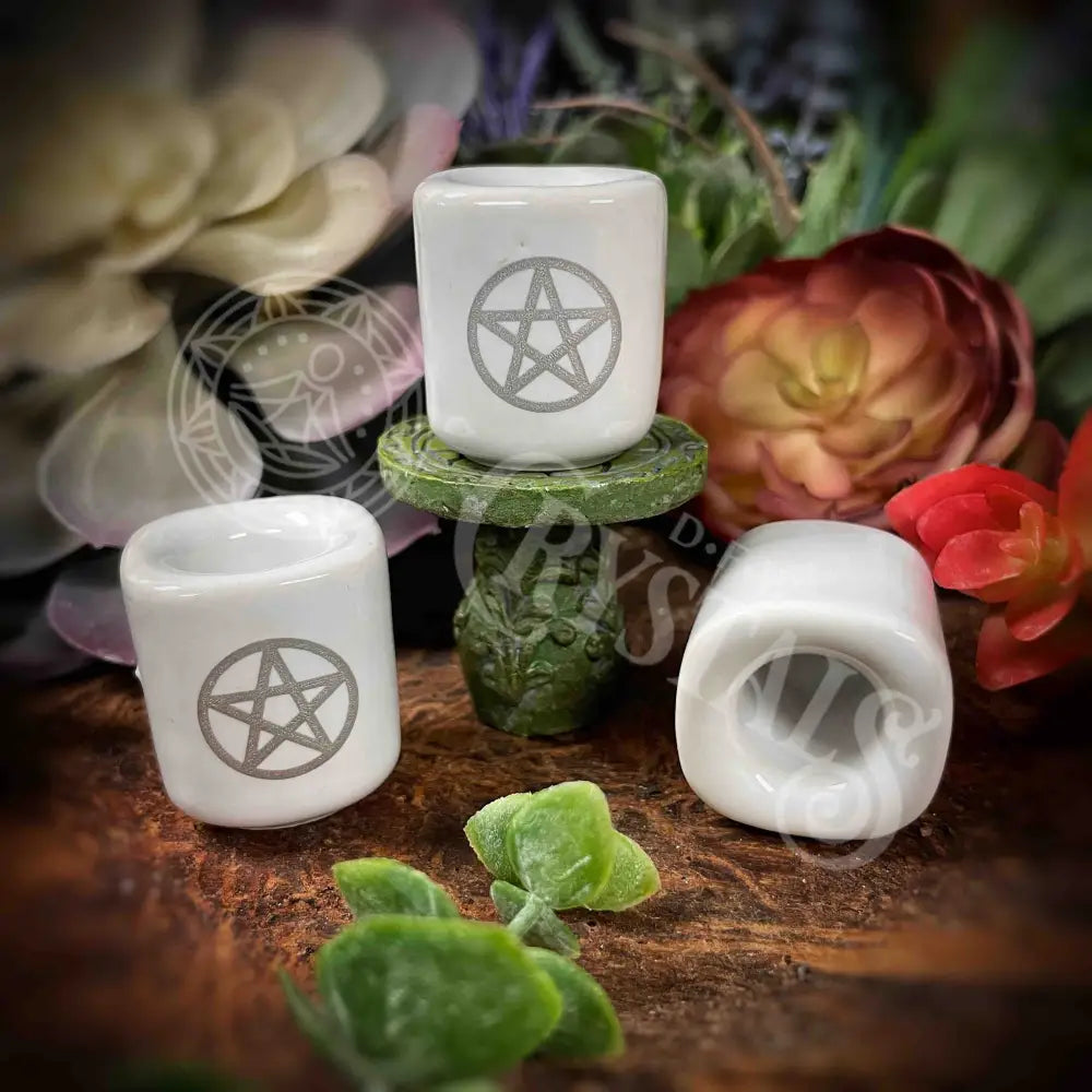 White W/ Silver Pentacle Charm Candle Holder -