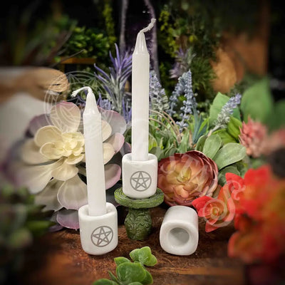 White W/ Silver Pentacle Charm Candle Holder -